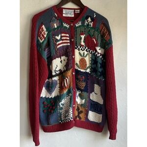 Vintage Northern Isles Novelty Cardigan Sweater L Hand Knit Cottagecore Retro